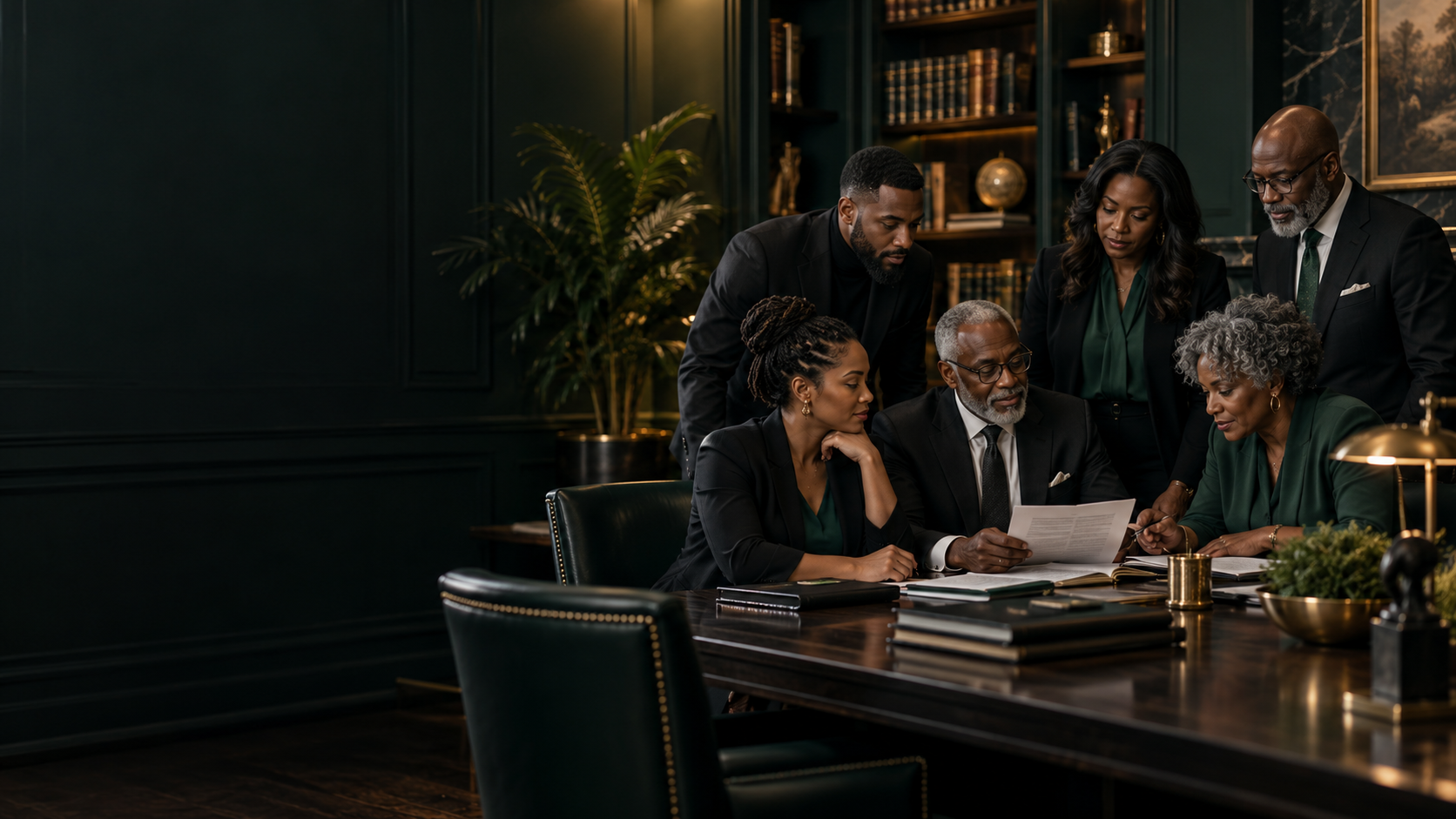 A multigenerational group of Black trustees reviewing governance documents together in an academy library